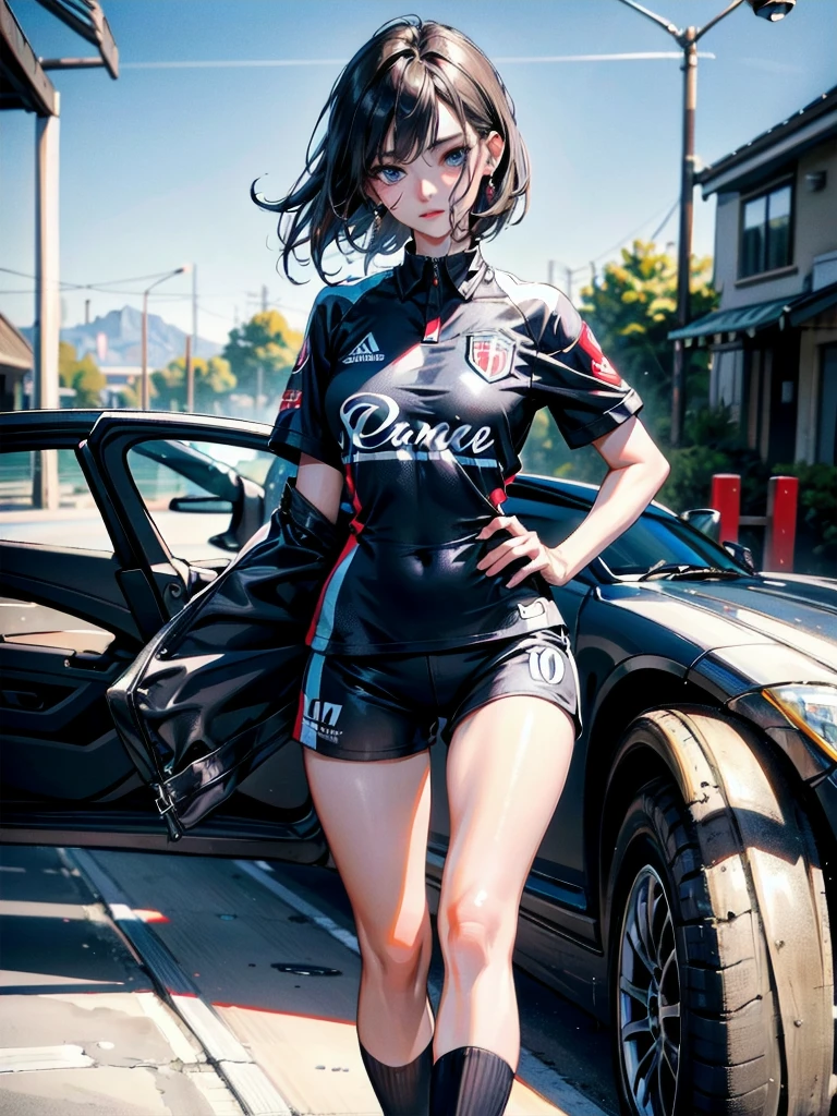 absurdres, RAW photo, extremely delicate and beautiful, masterpiece, Best Quality, ultra high resolution, 32k, hyperrealistic, ultra-detailed, perfect anatomy, anatomically correct, perfect figure, Perfect Style, Perfect balance, super Detailed skin, in her 30s, very Slim body, narrow waist, very small head, very small face, delicate facial features, handsome detailed woman, very detailed eyes and face, realistic face proportions, Realistic beautiful face, Realistic beautiful eyes, tearful mole, earring, very huge round tits, full body shot, whole legs, whole feet, medium hair, outdoor, (soccer Jersey:1.2), shorts,