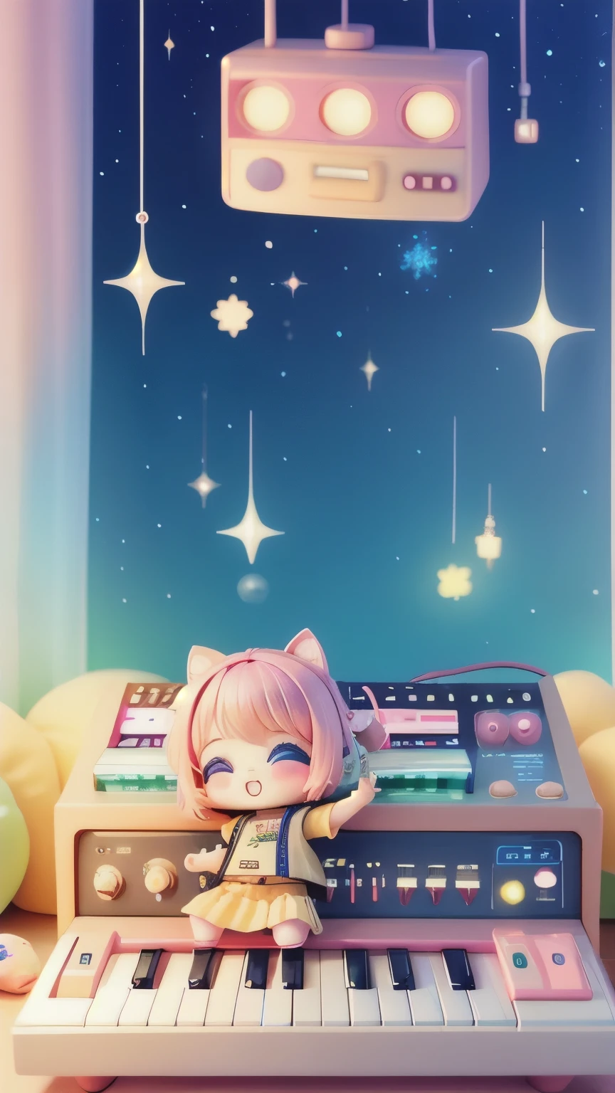 Chibi Playing Synthesizer, cutetech, cute, cute, pastel colour, Highest quality, Happy