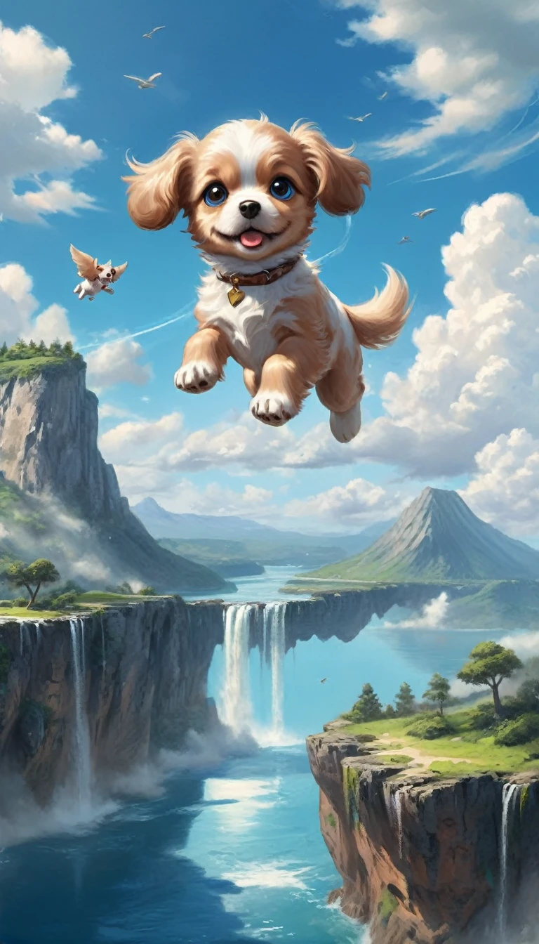 ({{highres,}},masterpiece,ultra-detailed,flying puppy in sky, best quality,8k)cloud, sky, scenery, day, blue_sky, mountain, cloudy_sky, outdoors, waterfall, fantasy, horizon, cliff, rock, water, landscape, mountainous_horizon, ocean, tree, river, floating_island, flying puppy