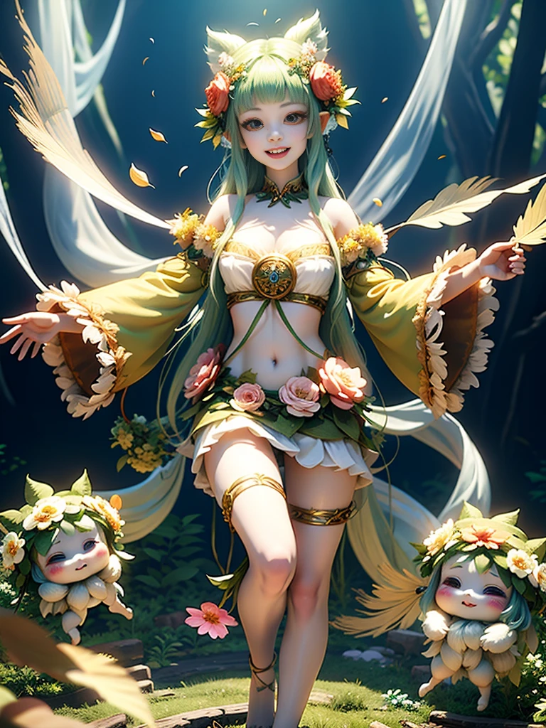 generate a group of mystical forest spirit girls with wreaths of flowers on their heads with pale skin dancing in a circle, adorable smile, cute teeth, masterpiece