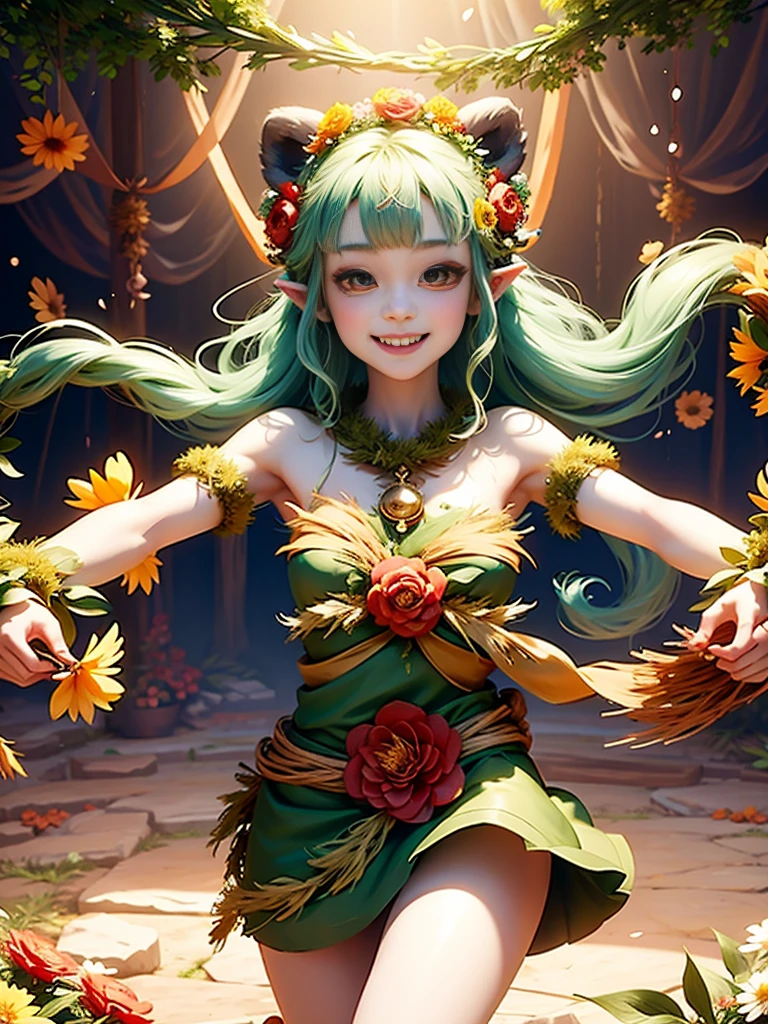 generate a group of mystical forest spirit girls with wreaths of flowers on their heads with pale skin dancing in a circle, adorable smile, cute teeth, masterpiece