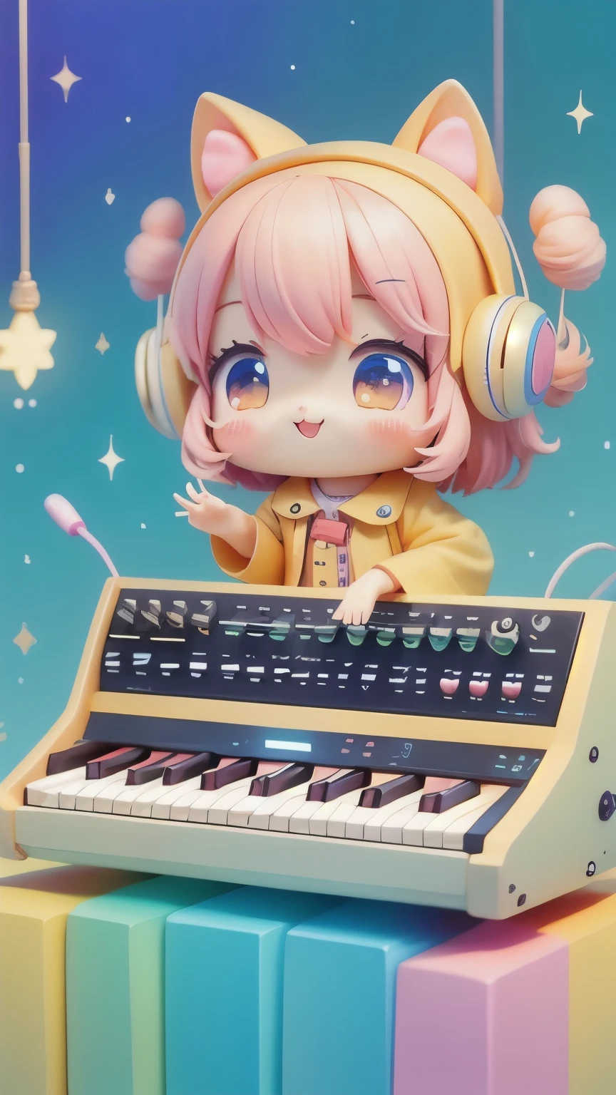 Chibi Playing Synthesizer, cutetech, cute, cute, pastel colour, Highest quality, Happy