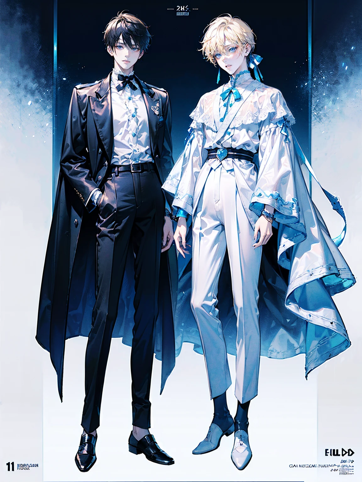 ((full body: 2)), ((UHD, masterpiece, super detail, best quality, highres, 8k)), (detailed line art), perfect face, perfect body, perfect hands, perfect feet.
Humans, around 20 years old, (2 males: 2.0), ((two characters)), male idols, (simple background, magazine cover style: 1.5).
Features of the first person :Gentle atmosphere, standing on the right, (bright blonde hair), (parallel eyebrows, light blue eyes, droopy eyes, thin lips), (white top, collarbone-revealing shirt, puffed sleeves shirt, white ribbon decorations:1.5, white frill decorations:1.5, white corset, high-waisted white pants, white belt, white leather shoes), (white ribbon choker), (angelic atmosphere), (looking forward).
Features of the second person : Cool atmosphere, standing on the left, (black hair), (parallel eyebrows, light blue eyes, slanted eyes, thin lips), black top, high-neck top, tight-fitting top, black jacket, short-length jacket, black belt decorations:1.5, black pants, black belt, black leather shoes), (black earrings, black bracelet), (devilish atmosphere), (looking forward).