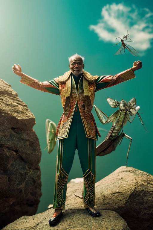 high resolution,8k,Accurate depiction,A neat picture,accurate structure,Delicate depiction,(((1man))),China,Deep in the mountains,A creature that is a hybrid of a human and a praying mantis,elder,Mantis human,Nimotozu,Praying mantis in a gi,Nimotozu,Japan Hands,顔はelder,upright