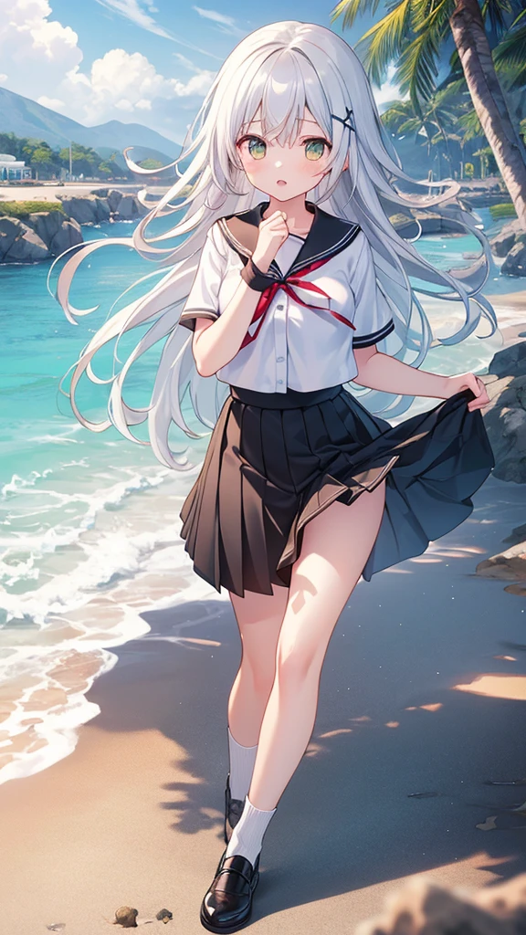 ((a masterpiece of the highest quality)), ((8k extremely detailed CG Unity wallpaper)), 1girl, Tachibana Kanade, brown uniform, black skirt, white socks, outdoors, face, beach, flowing hair, parted hair, silver hair