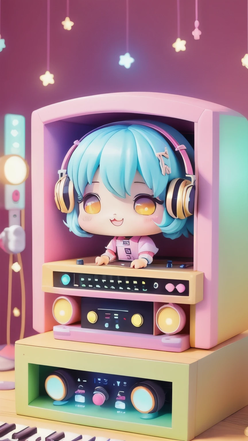 Chibi performance DJ booth, cutetech, cute, cute, pastel colour, Highest quality, Happy