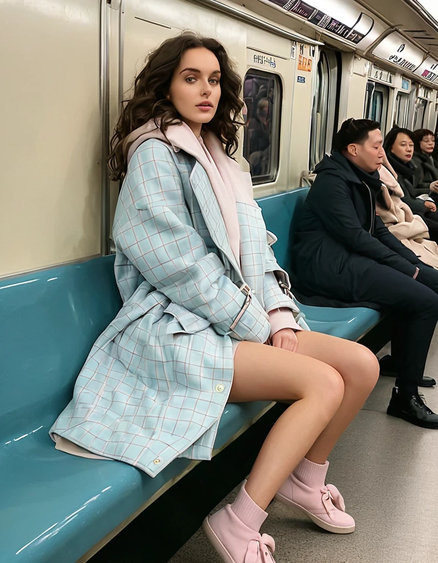 A stunning young woman with oval face shape and dark brunnette hair styled in romantic, wavy locks, she is adorning a pastel pink and light blue checkered woolen trench coat with long sleeves covering even her hands and only fingers are visible and it is layered over a light beige oversized baggy-fit hoodie, her bottoms are simple light beige pyjama trousers, and her footwear is fluffy sleepers, Accessories are a woolen white muffler.
She is sitting in a rushed and little bit crowded Seoul metro train. Her pose is natural and cute with her both hands on the woolen muffler as if she is feeling cold. The lightning is soft and natural, Sexy fit body.