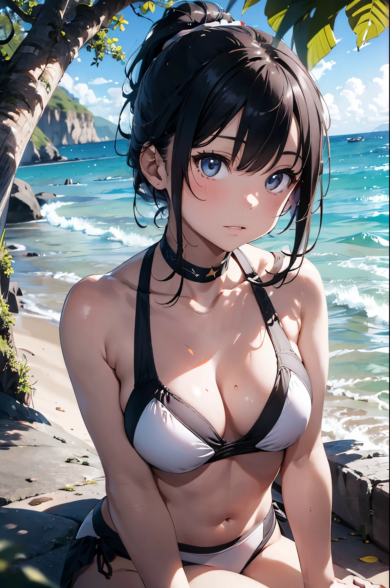 High resolution,topless、
One beautiful young woman,Light blue hair、ponytail、
(Soft Saturation:1.3), (Fair skin:1.2),
(ultra-Detailed Background, Detailed Background), Bokeh,
break&#39;Portrait of a smiling girl.,
When viewed from the front, The composition is symmetrical,
Looking straight at you with serious eyes,
break Swimwear, White Bikini, Center of chest, 
Outdoor, Sea surface, null, sunlight,Summer beach, Sandy Beach,
Strong light, Front lighting, 
(Teen:1.3), (Cowboy Shot:1.2),
Front brake angle,
View your audience,
Dynamic pose,
sitting on the beach

Seaweed、Seaweed、Seaweed、Seaweed、Seaweed、Seaweed、Seaweed、