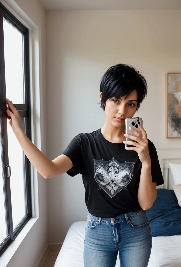 A  woman with short black hair, dressed in a jean with a t-shirt that she wants to show off. Selfie mode ((capturing her entire body)) She is in a bright, modern bedroom, with large windows that let in natural light.
