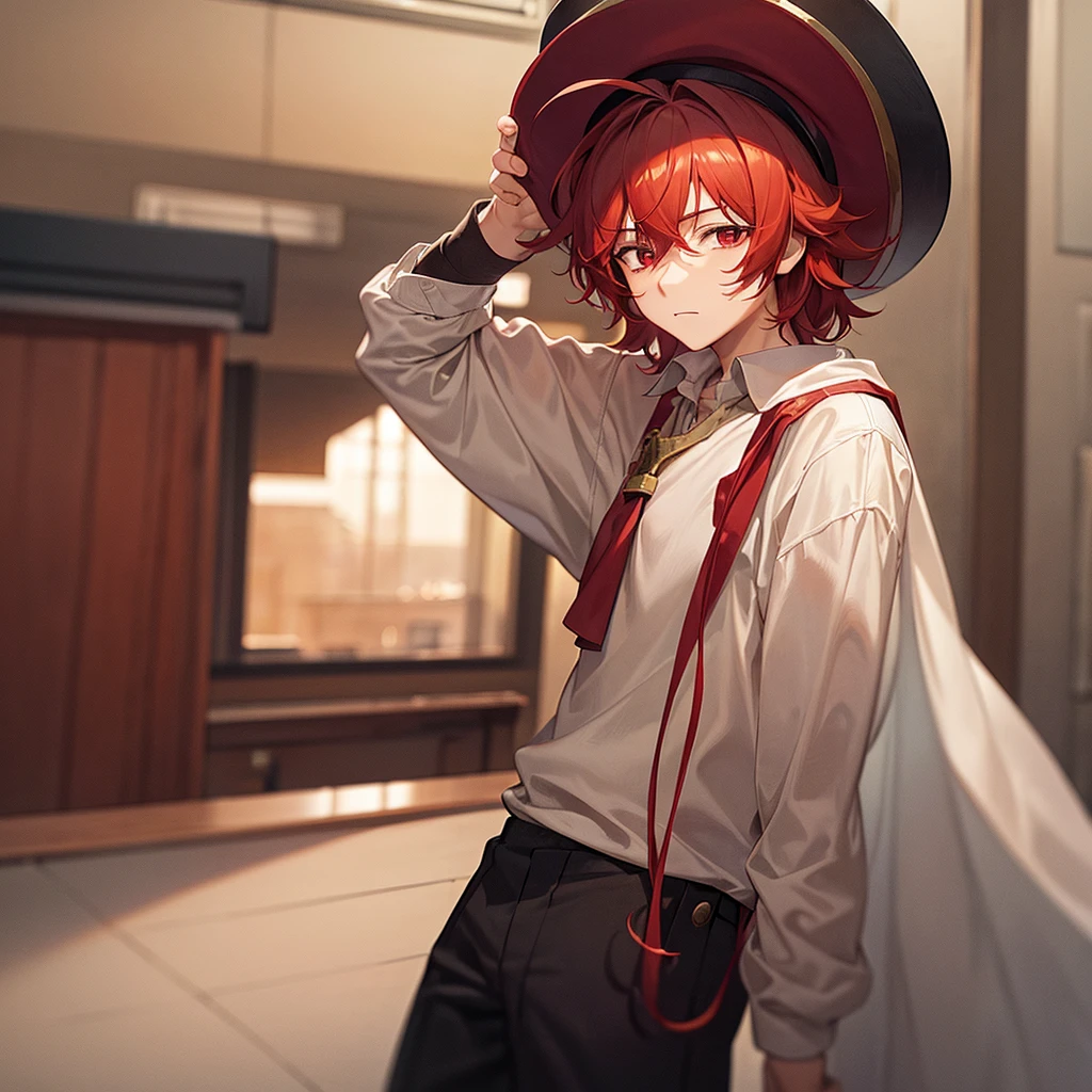 A shy young man with carmine red medium hair and with long bangs covering his eyes, wearing an old wizard hat and beige , background is classroom