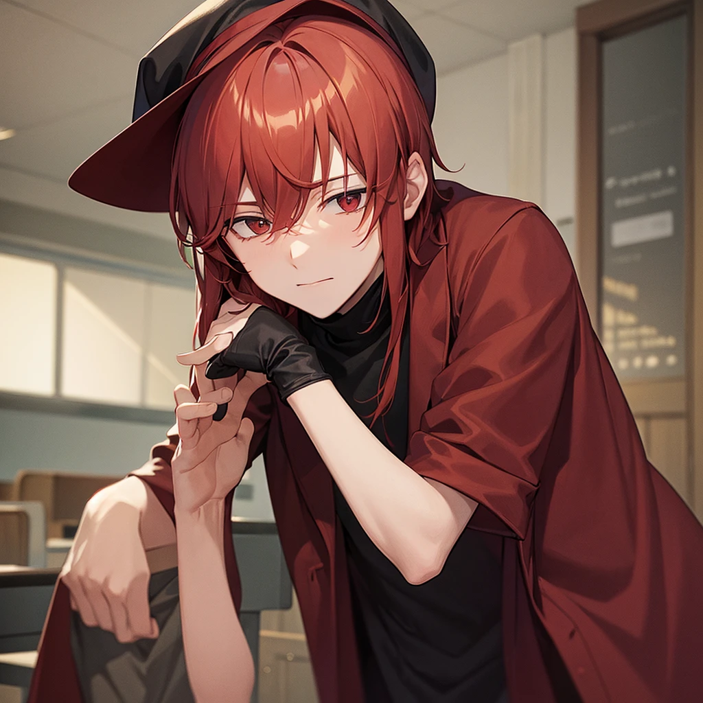 A shy young man with carmine red medium hair and with long bangs covering his eyes, wearing an old wizard hat and beige , background is classroom