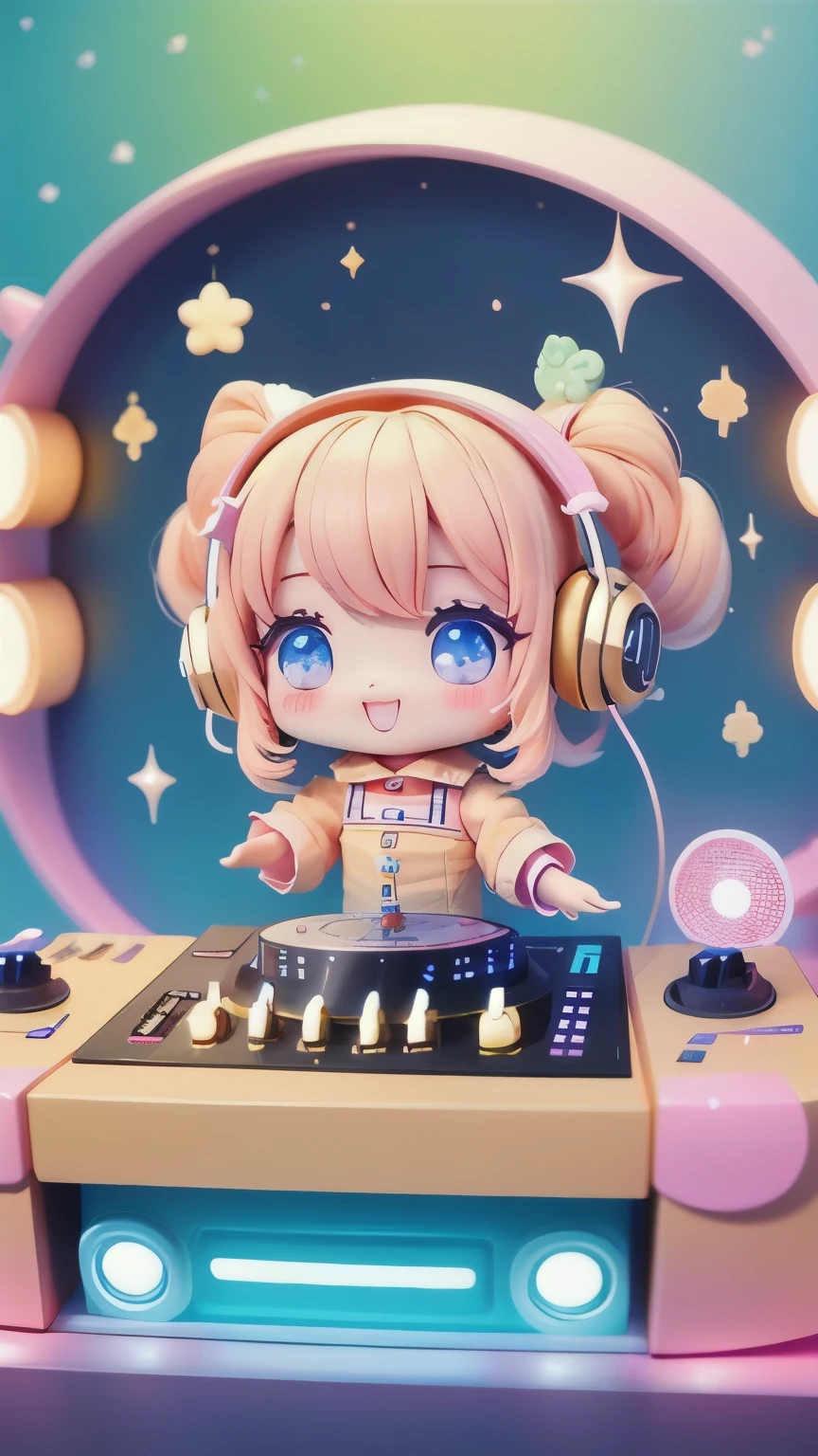 Chibi performance DJ booth, cutetech, cute, cute, pastel colour, Highest quality, Happy