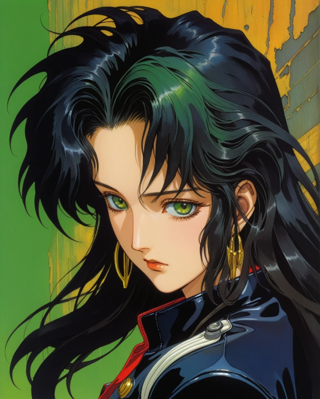 Art style by Yoshitaka Amano, Art style by Takato Yamamato, Art style by Ayami Kojima, (Masterpiece, Top Quality, Super Detail, High Resolution, Best Illustration), 1990s (style), 1980s (style), retro artstyle, a girl, long black hair, green eyes, wavy hair, biker clothes,  cyberpunk, 2077, best quality, masterpiece.