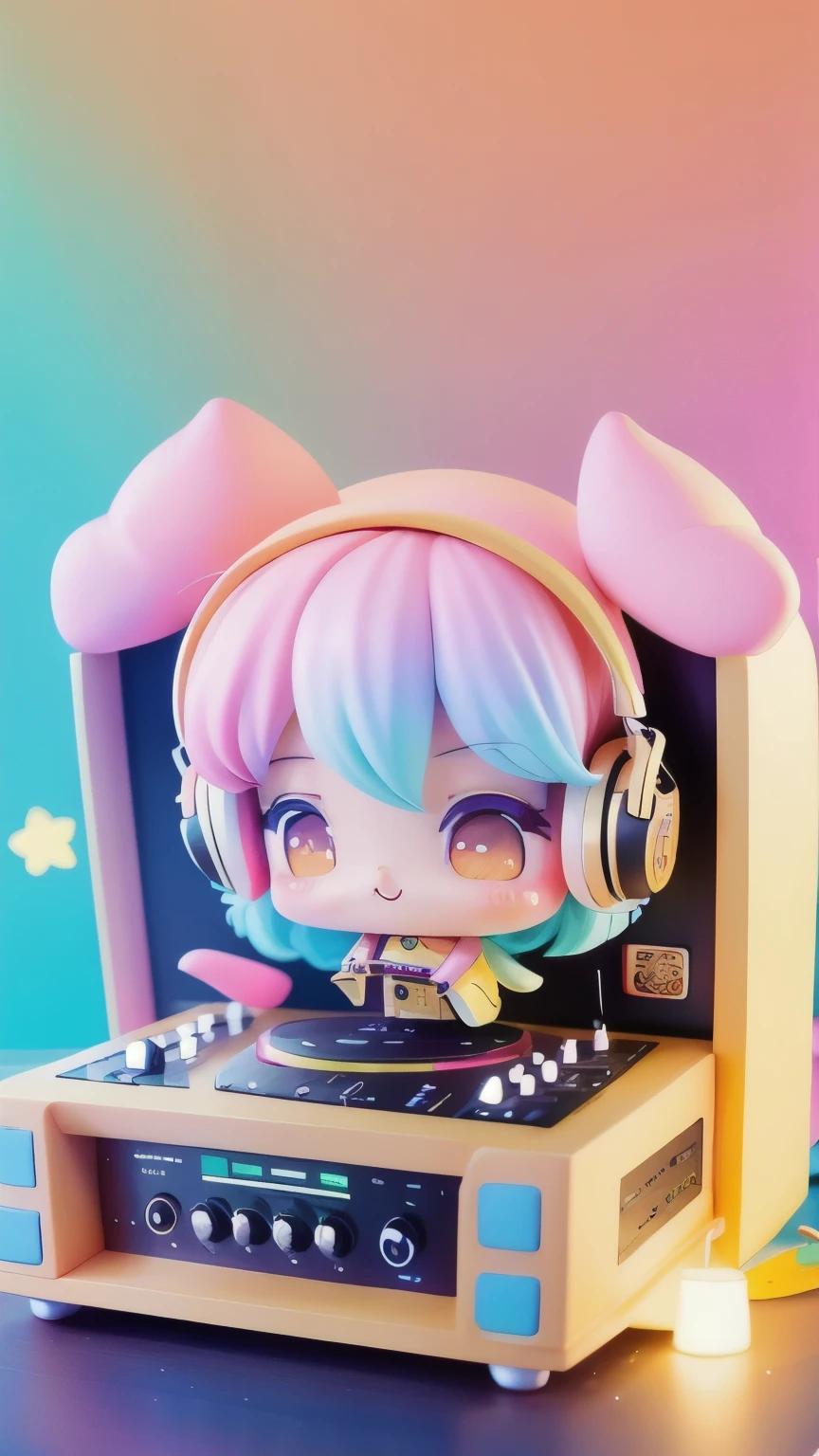 Chibi performance DJ booth, cutetech, cute, cute, pastel colour, Highest quality, Happy