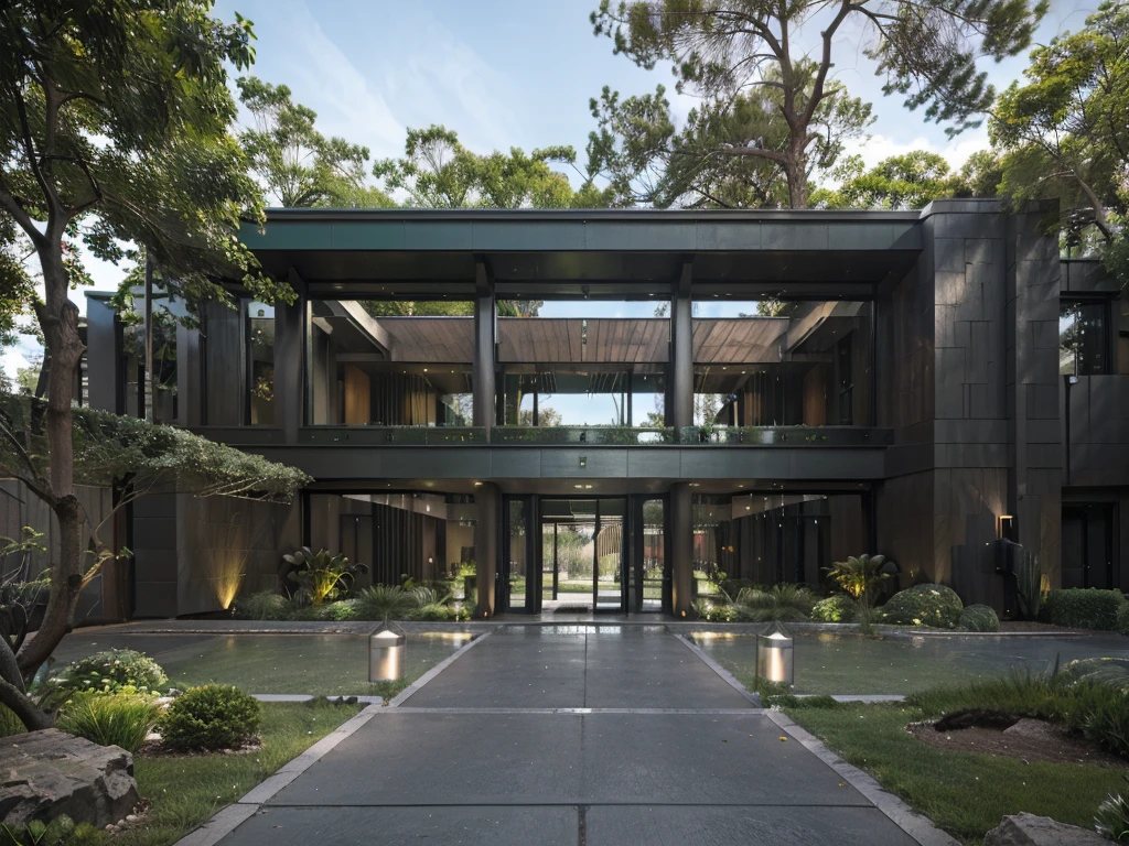 office building, (view from the street to the cave: 1.2), climbing plants, surrounding green trees, cool weather, modern style bedroom, large glass doors, (thermal landscape fragrant),