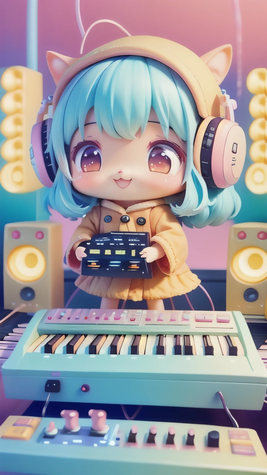Chibi Playing Synthesizer, cutetech, cute, cute, pastel colour, Highest quality, Happy