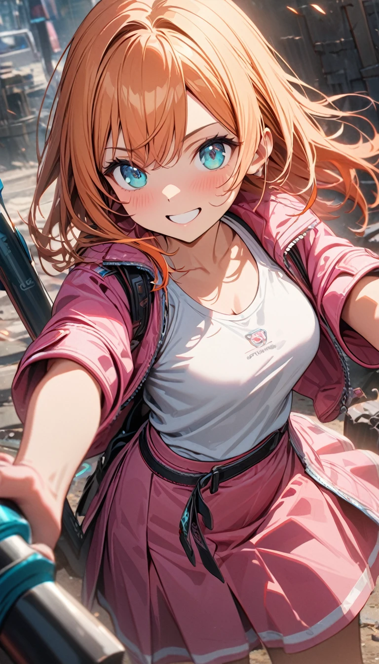 young girl, short orange hair, turquoise eyes, smile, white tank top, pink leather jacket, short sleeves, pink skirt, battle hammer, Masterpiece, best quality, Full HD, 8k, ultra details, great graphic