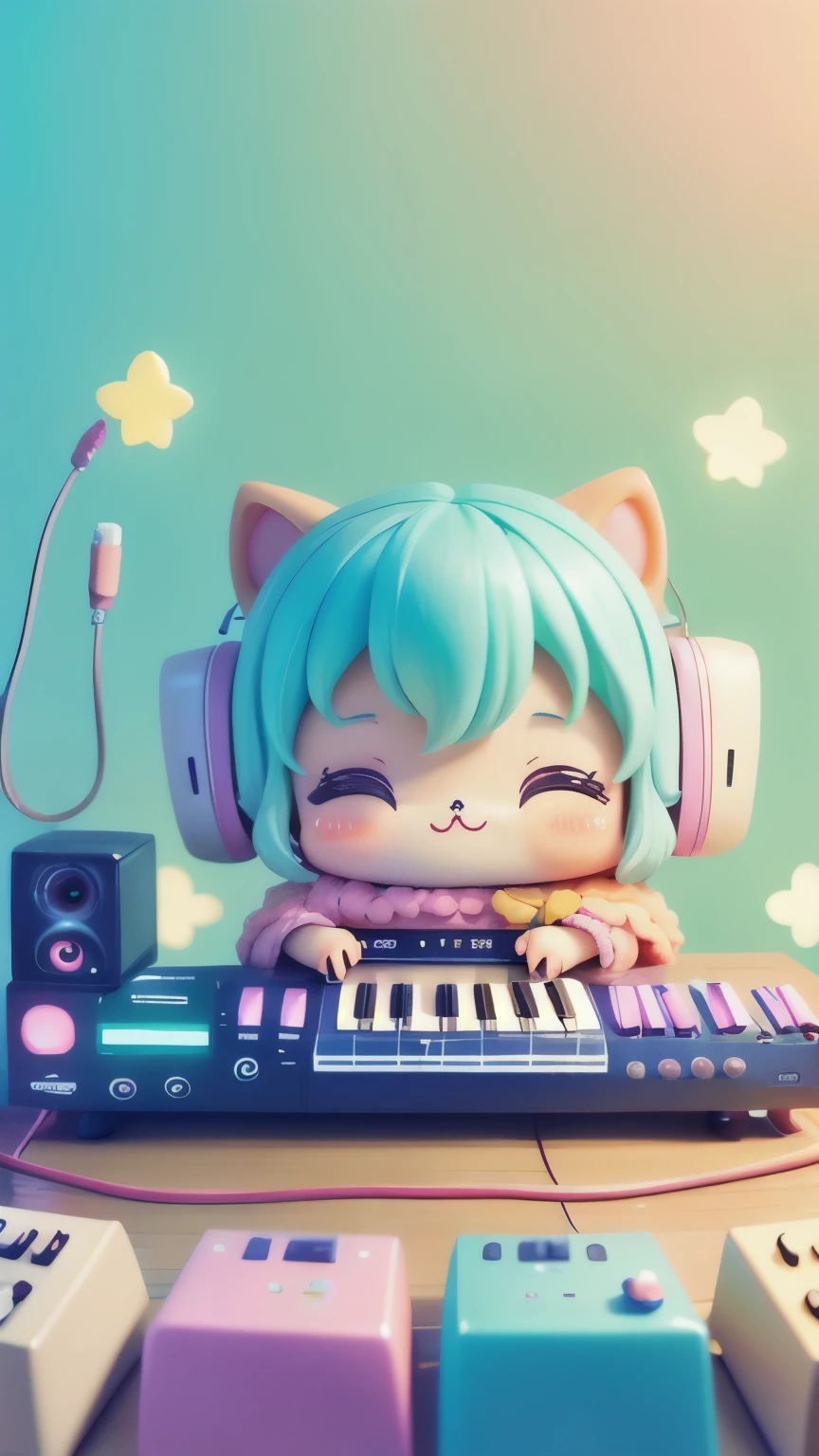 Chibi Playing Synthesizer, cutetech, cute, cute, pastel colour, Highest quality, Happy
