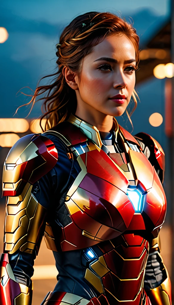 (dynamic lighting), (75mm), (realism), ((realistic:1)), (depth of field:1), (UHD), (32k))), (Mastepiece), (highres, high resolution), (Advanced facial details:1), ((shiny skin)), (photorealistic:1), (dslr), (soft lighting), (high quality), (clearly face:1.0), (full body shot), (full body portrait:1.5), (finely detailed face:1.0), (top quality), (Best Quality:1), (1girll:1.3)、offcial art、Unity 8k wallpaper、ultra - detailed、Beauty and aesthetics、(with revealing breasts), Fantastical Atmosphere、calm color palette、tranquil mood、soft shade，Bare lower body，Background with：aerodrome，Planes，Iron Man，((Wearing：Iron Man uniform，Armour，Gold wire embroidery)),