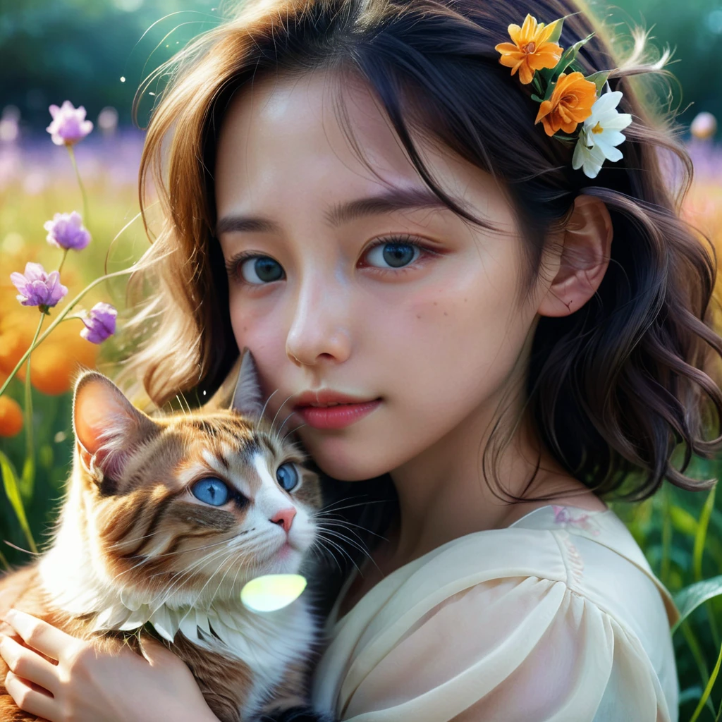 Girl with Cat, a beautiful girl with a cat, girl with a cute cat, girl petting a cat, girl in a flowery meadow with a cat, girl in a dreamy landscape with a cat, girl in a fantasy forest with a cat, photorealistic portrait of a girl and her cat, highly detailed digital painting of a girl and her feline companion, girl cuddling a cat in a serene natural setting, girl playing with a cat in a whimsical outdoor scene, (best quality,4k,8k,highres,masterpiece:1.2),ultra-detailed,(realistic,photorealistic,photo-realistic:1.37),vivid colors,intricate details,natural lighting,warm color palette,soft focus,beautiful detailed eyes,beautiful detailed lips,extremely detailed eyes and face,longeyelashes,1girl,cat,flower field,fantasy landscape,vibrant colors,depth of field,cinematic lighting