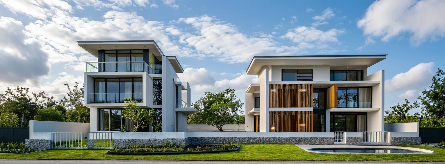 Masterpiece, high quality, best quality, authentic, super detail, outdoors, twostoreyvillaXL, aiaigroup, house style modern on the street, (white wall), road, pavement, grass, trees, sky, cloud, (daylight:1.1), 
