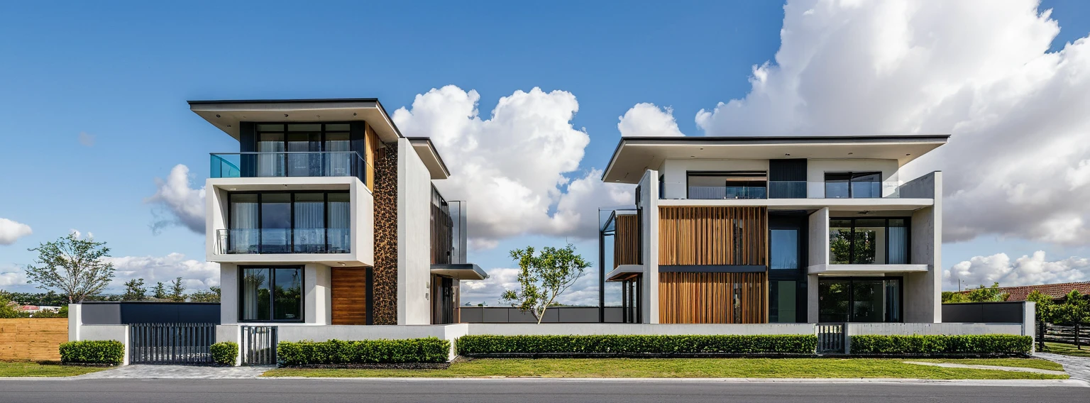 Masterpiece, high quality, best quality, authentic, super detail, outdoors, twostoreyvillaXL, aiaigroup, house style modern on the street, (white wall), road, pavement, grass, trees, sky, cloud, (daylight:1.1), 
