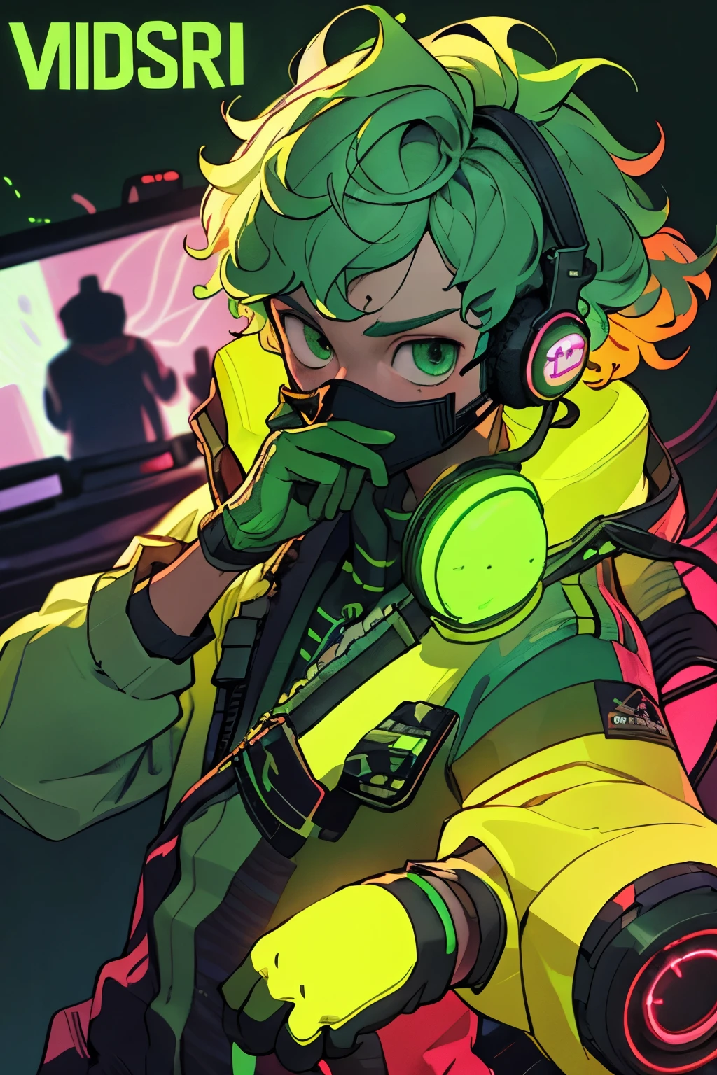Kpop boy inside a tradingroom, green gloves, face mask, looking at a trading chart, cool colorful jacket, listening to his headphones, green messy curly hair, neon glowing style, cool background, young.far and near method, 3D Rendering, 