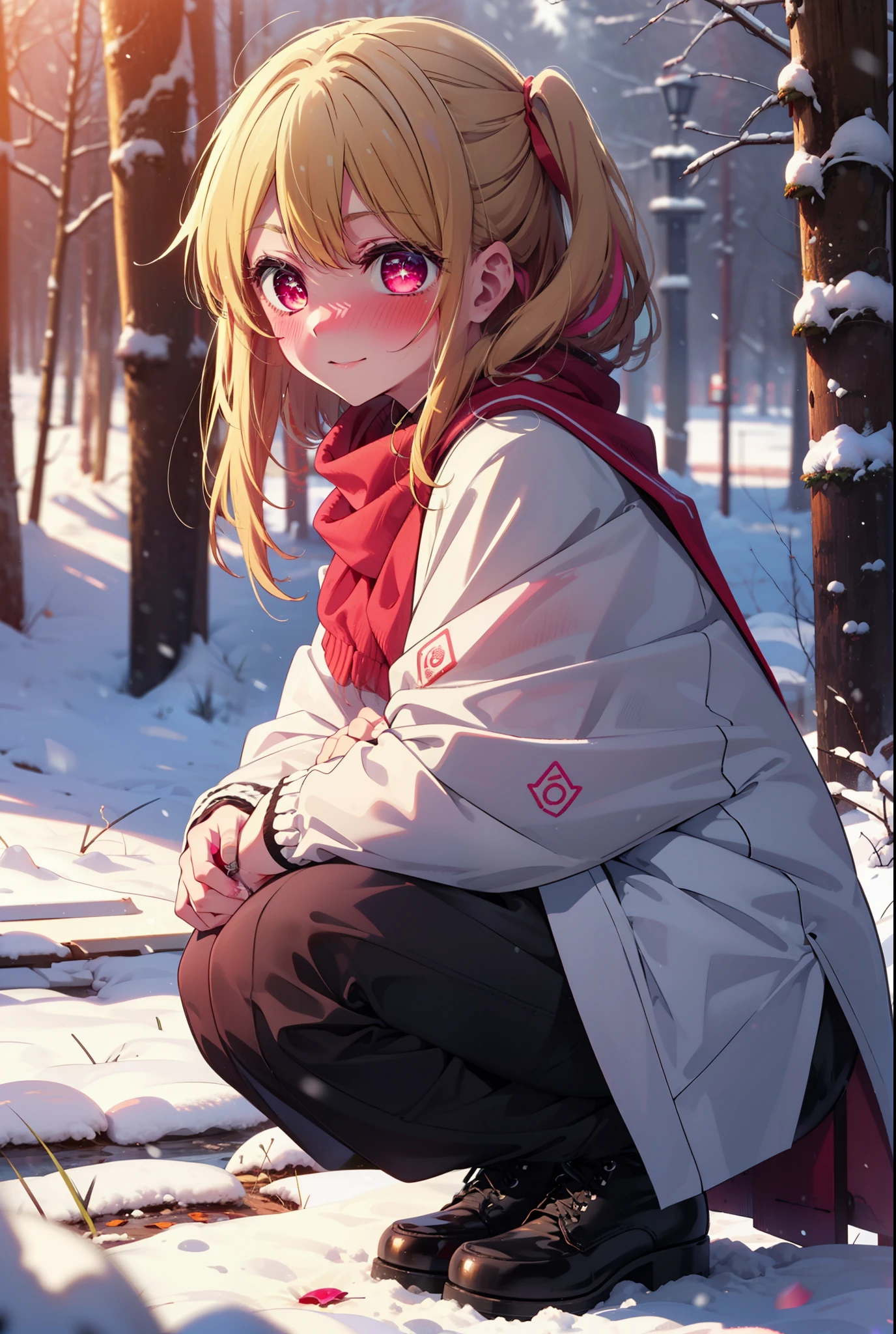 rubyhoshino, Hoshino Ruby, Long Hair, bangs, blonde, (Pink Eyes:1.3), Side Lock, (Symbol-shaped pupil:1.5), Multicolored Hair, Two-tone hair, smile,,smile,blush,white breath,
Open your mouth,snow,Ground bonfire, Outdoor, boots, snowing, From the side, wood, suitcase, Cape, Blurred, , forest, White handbag, nature, Squat, Mouth closed, Cape, winter, Written boundary depth, Black shoes, red Cape break looking at viewer, Upper Body, whole body, break Outdoor, forest, nature, break (masterpiece:1.2), Highest quality, High resolution, unity 8k wallpaper, (shape:0.8), (Beautiful and beautiful eyes:1.6), Highly detailed face, Perfect lighting, Extremely detailed CG, (Perfect hands, Perfect Anatomy),