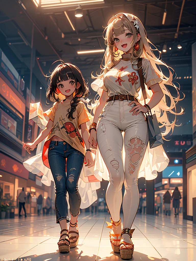 masterpiece, ultra high res, 8k, RAW photo, best quality, detailed shadow, amazing, finely detail, sharp focus,(Volumetric lighting:1.6), (bokeh:0.5),
(full body:1.4), from below,
(looking at viewer:1.2),
BREAK
1girl, (huge breasts:1), (light brown long hair:1.3), (blunt bangs:1.4), (fair skin:1), (transparent skin:1), (perfect face:1), super detailed beautiful skin, (narrow waist:1.3), (abs:0.5), (skinny:1.5),
(li face:1.6),
((beige & red)short sleeve Embroidered tunic:1.4), ((brown)flare jeans:1.4), (platform sandals:1.5),
(smile:1.4), (open mouth:1.2),
(Shopping Centre:1.5), (indoor:1.5),