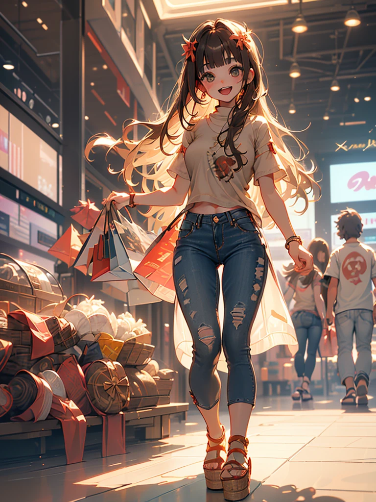 masterpiece, ultra high res, 8k, RAW photo, best quality, detailed shadow, amazing, finely detail, sharp focus,(Volumetric lighting:1.6), (bokeh:0.5),
(full body:1.4), from below,
(looking at viewer:1.2),
BREAK
1girl, (huge breasts:1), (light brown long hair:1.3), (blunt bangs:1.4), (fair skin:1), (transparent skin:1), (perfect face:1), super detailed beautiful skin, (narrow waist:1.3), (abs:0.5), (skinny:1.5),
(li face:1.6),
((beige & red)short sleeve Embroidered tunic:1.4), ((brown)flare jeans:1.4), (platform sandals:1.5),
(smile:1.4), (open mouth:1.2),
(Shopping Centre:1.5), (indoor:1.5),