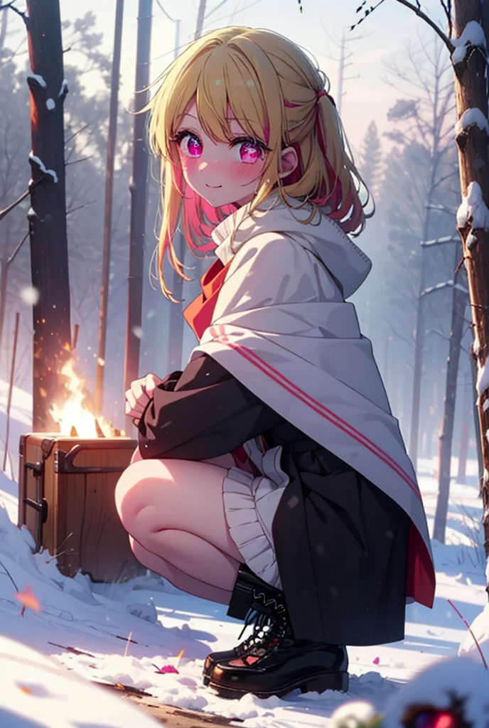 rubyhoshino, Hoshino Ruby, Long Hair, bangs, blonde, (Pink Eyes:1.3), Side Lock, (Symbol-shaped pupil:1.5), Multicolored Hair, Two-tone hair, smile,,smile,blush,white breath,
Open your mouth,snow,Ground bonfire, Outdoor, boots, snowing, From the side, wood, suitcase, Cape, Blurred, , forest, White handbag, nature,  Squat, Mouth closed, Cape, winter, Written boundary depth, Black shoes, red Cape break looking at viewer, Upper Body, whole body, break Outdoor, forest, nature, break (masterpiece:1.2), Highest quality, High resolution, unity 8k wallpaper, (shape:0.8), (Beautiful and beautiful eyes:1.6), Highly detailed face, Perfect lighting, Extremely detailed CG, (Perfect hands, Perfect Anatomy),