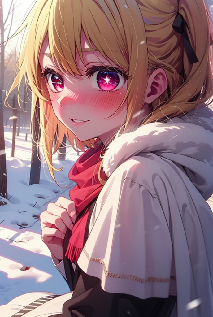 rubyhoshino, Hoshino Ruby, Long Hair, bangs, blonde, (Pink Eyes:1.3), Side Lock, (Symbol-shaped pupil:1.5), Multicolored Hair, Two-tone hair, smile,,smile,blush,white breath,
Open your mouth,snow,Ground bonfire, Outdoor, boots, snowing, From the side, wood, suitcase, Cape, Blurred, , forest, White handbag, nature,  Squat, Mouth closed, Cape, winter, Written boundary depth, Black shoes, red Cape break looking at viewer, Upper Body, whole body, break Outdoor, forest, nature, break (masterpiece:1.2), Highest quality, High resolution, unity 8k wallpaper, (shape:0.8), (Beautiful and beautiful eyes:1.6), Highly detailed face, Perfect lighting, Extremely detailed CG, (Perfect hands, Perfect Anatomy),
