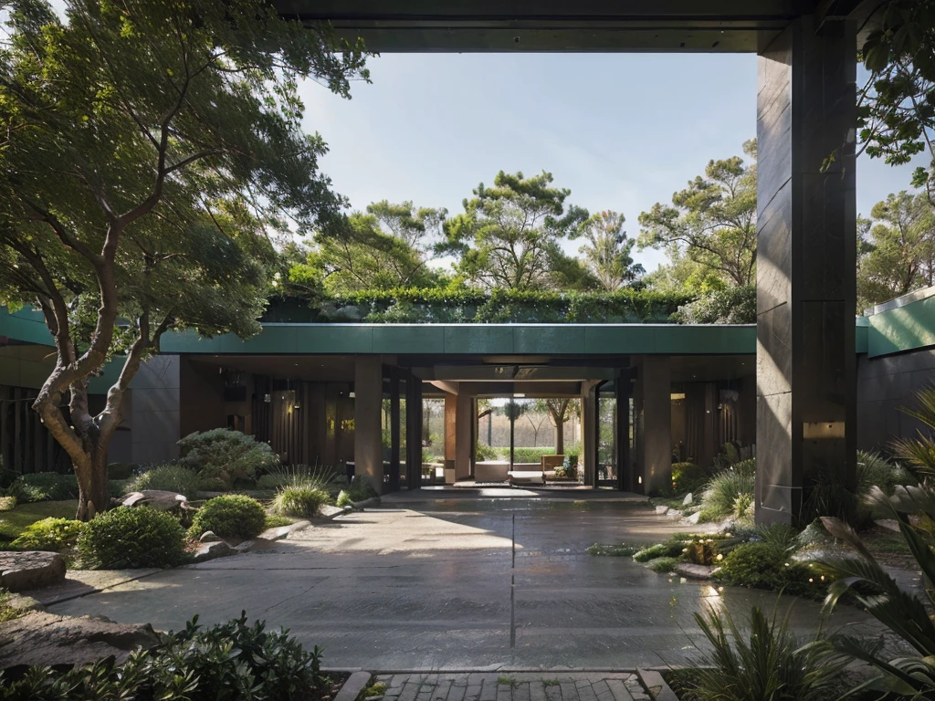 office building, (view from the street to the cave: 1.2), climbing plants, surrounding green trees, cool weather, modern style bedroom, large glass doors, (thermal landscape fragrant),