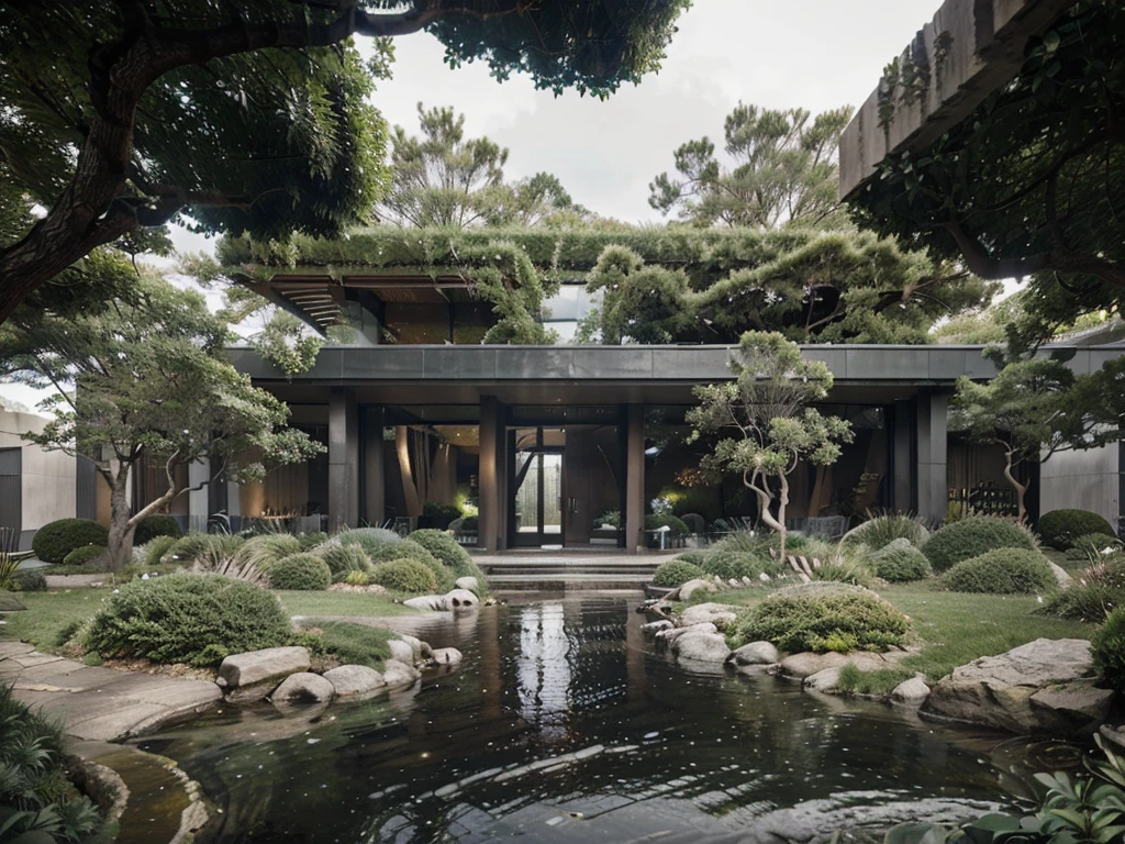 office building, (view from the street to the cave: 1.2), climbing plants, surrounding green trees, cool weather, modern style bedroom, large glass doors, (thermal landscape fragrant),