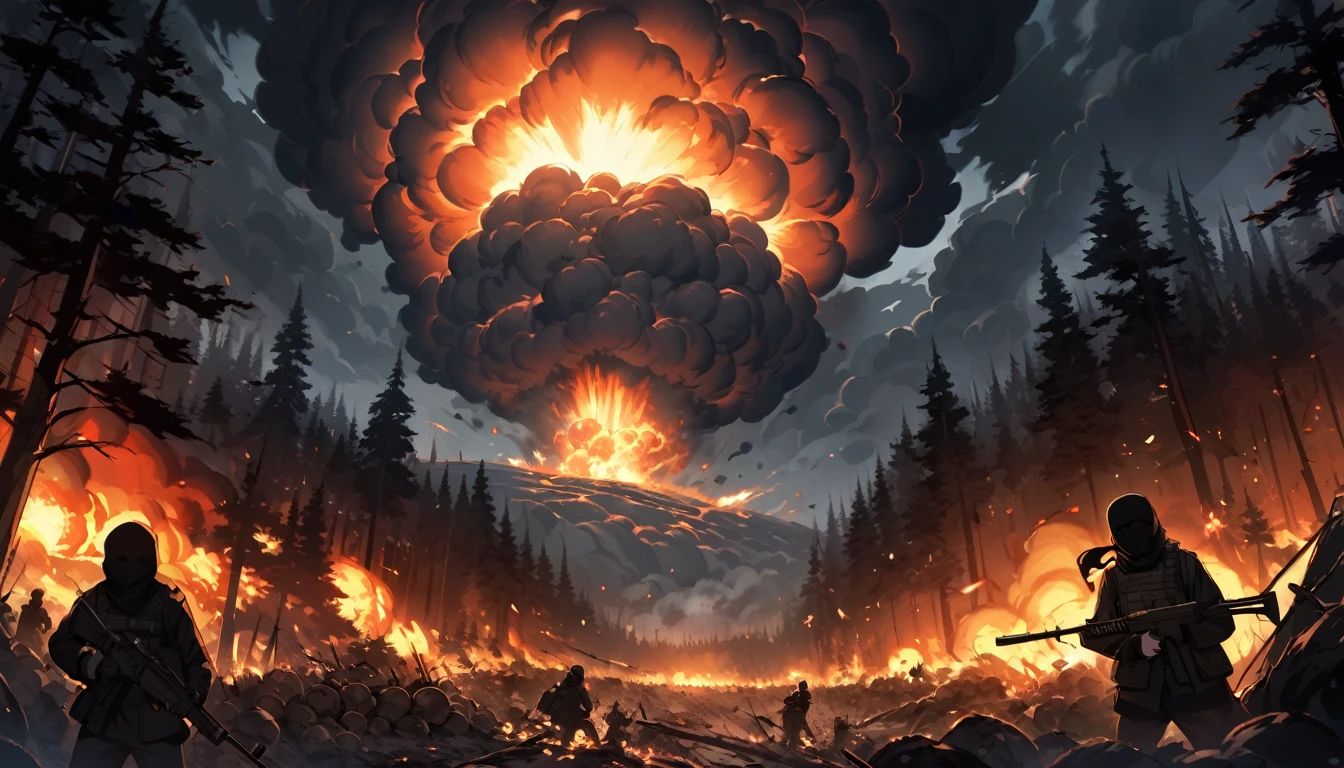 Terrorists, black balaclava, black clothes, war, forest, night, chaos, nuclear explosion, dark atmosphere, apocalypse, dark, black colour