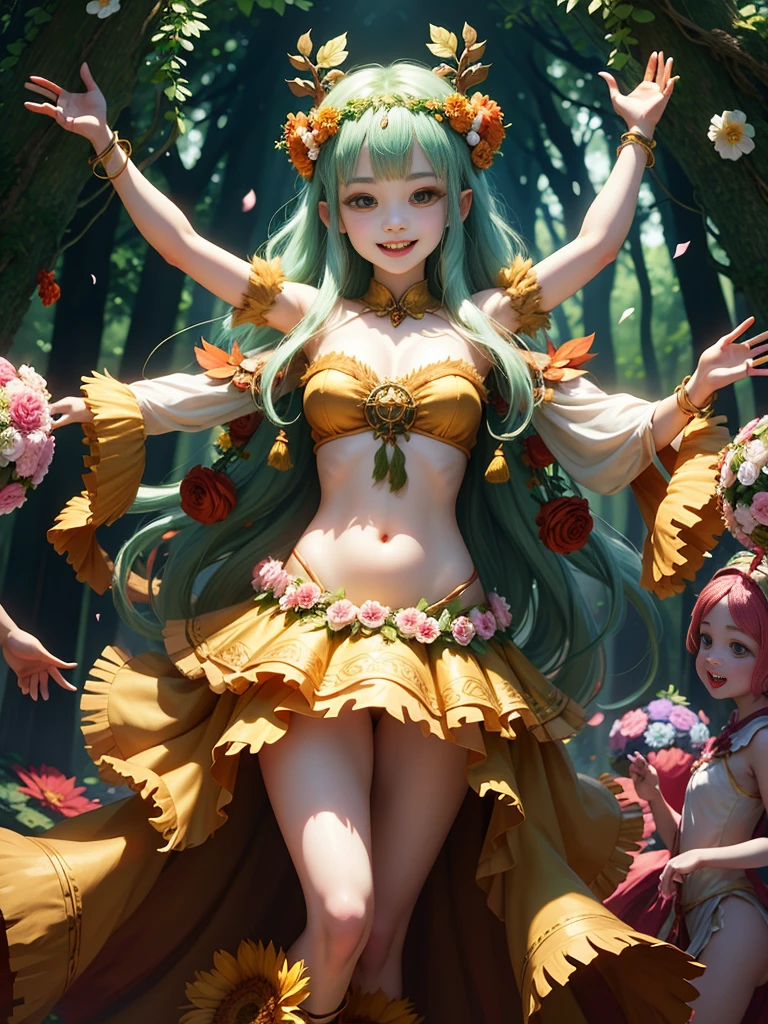 generate a group of mystical forest spirit girls with wreaths of flowers on their heads with pale skin dancing in a circle, adorable smile, cute teeth, masterpiece