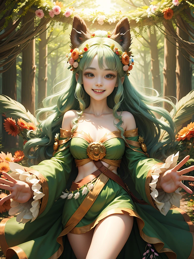 generate a group of mystical forest spirit girls with wreaths of flowers on their heads with pale skin dancing in a circle, adorable smile, cute teeth, masterpiece