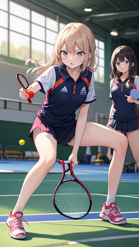 masterpiece, high quality, Full body portrait, Sports Girls, Table Tennis Women, Crouching, Hold a racket in your hand, Serious face