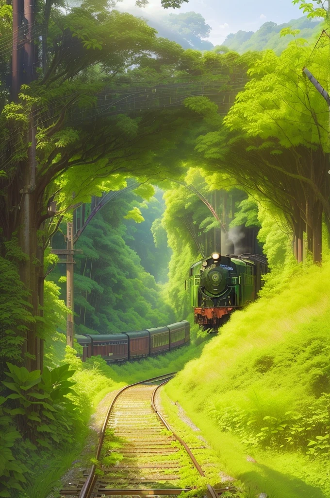 there is a train going down the tracks through the woods, on a jungle forest train track, railway tracks going through it, countryside in japan, japan rural travel, green alley, completely overgrown with vines, japanese countryside, archways made of lush greenery, overgrown place, tunnels lead to different worlds, portal to another world, tunnel, you won't believe it