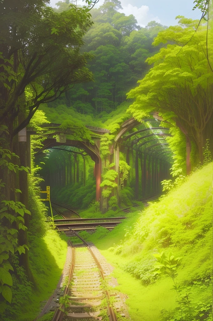 there is a train going down the tracks through the woods, on a jungle forest train track, railway tracks going through it, countryside in japan, japan rural travel, green alley, completely overgrown with vines, japanese countryside, archways made of lush greenery, overgrown place, tunnels lead to different worlds, portal to another world, tunnel, you won't believe it