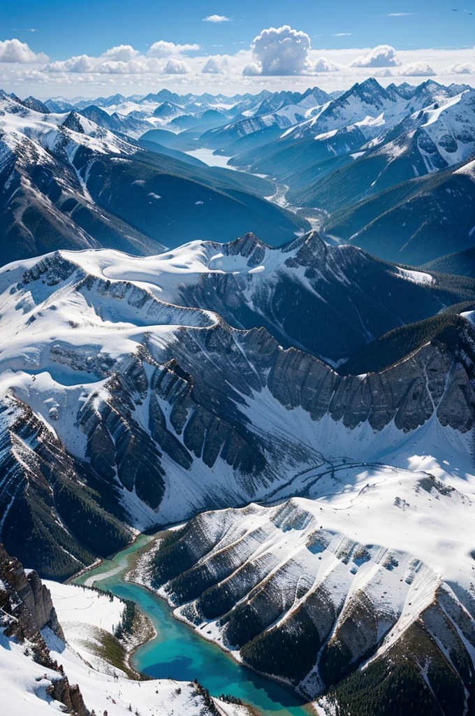 Image of high mountains with snowy peaks, below which are dense pine forests and clear blue lakes. The sky was clear with a few white clouds in the distance."