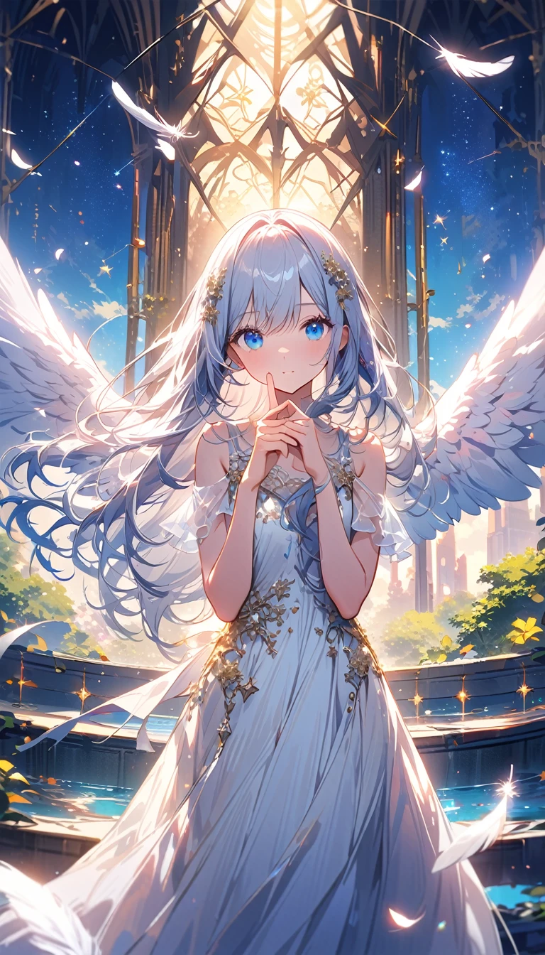 (best quality:1.2),(hands finger 5 digits:1.3),(extremely delicate and beautiful:1.3),(detailed ultra detailed:1.2),(scenery clear details:1.2),(scenery crystal clear :1.2),(solo),(blue eyes),(long white long hair),(white dress),(angel wings),(floating white feathers,starry sky),(clusters of stars,starry sky),(glinting stars),(solo),(long silver long hair),(best quality:1.2),(hands finger 5 digits:1.3),(extremely delicate and beautiful:1.3),(detailed ultra detailed:1.2),(scenery clear details:1.2),