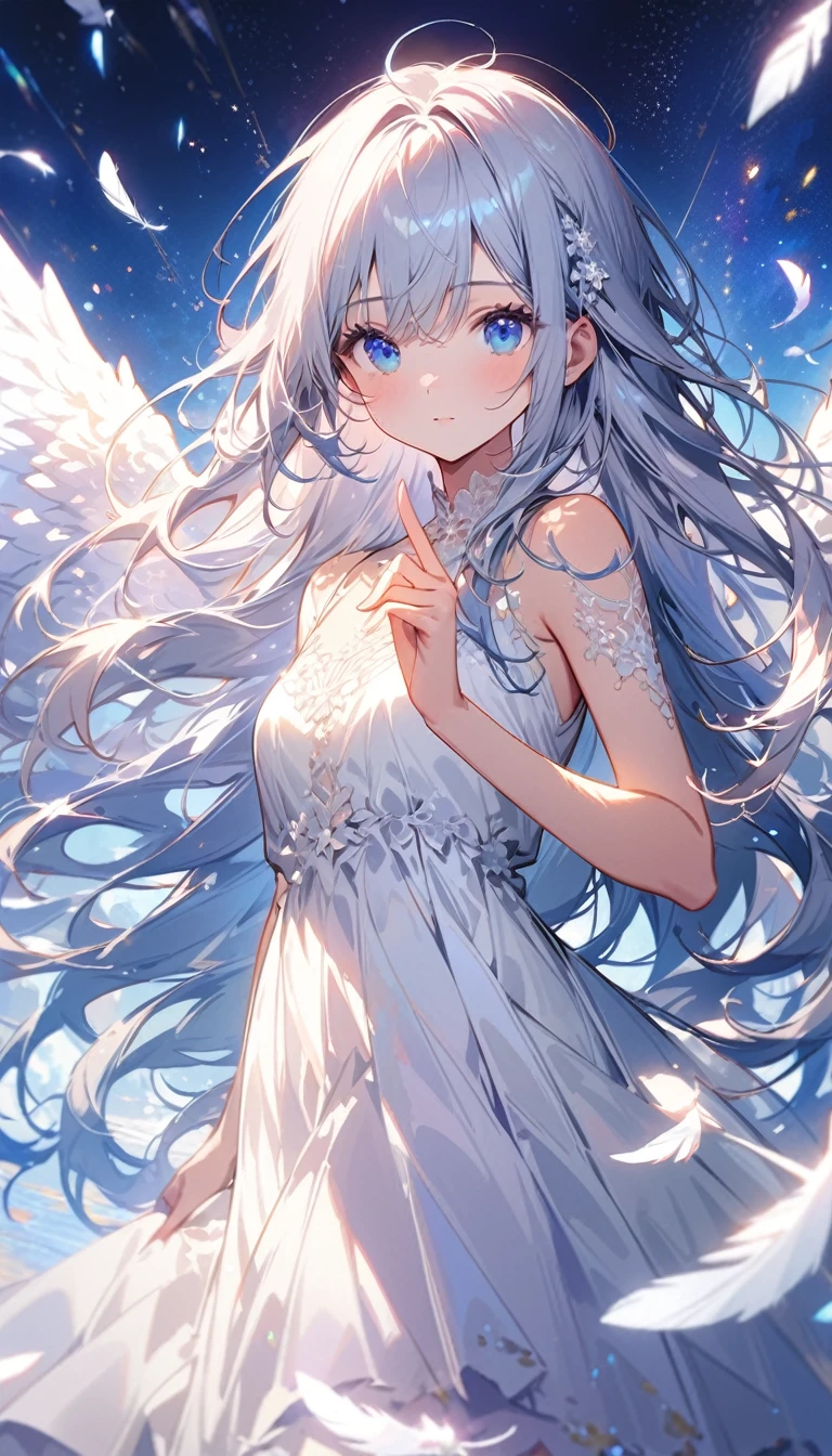 (best quality:1.2),(hands finger 5 digits:1.3),(extremely delicate and beautiful:1.3),(detailed ultra detailed:1.2),(scenery clear details:1.2),(scenery crystal clear :1.2),(solo),(blue eyes),(long white long hair),(white dress),(angel wings),(floating white feathers,starry sky),(clusters of stars,starry sky),(glinting stars),(solo),(long silver long hair),(best quality:1.2),(hands finger 5 digits:1.3),(extremely delicate and beautiful:1.3),(detailed ultra detailed:1.2),(scenery clear details:1.2),