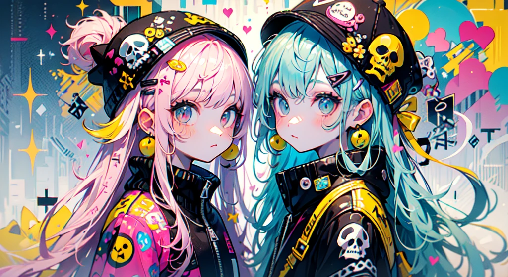 akira toriyama style、"cute, beautiful, Adorable girl in pink clothes, yellow, Baby blue color scheme. She is wearing a skull-motif outfit inspired by female pirates..。.。.。.。.。.。.... Fashionable hats, rock、Comes with decorative accessories such as hair clips. Embodying the vibrant and modern Harajuku fashion style。."