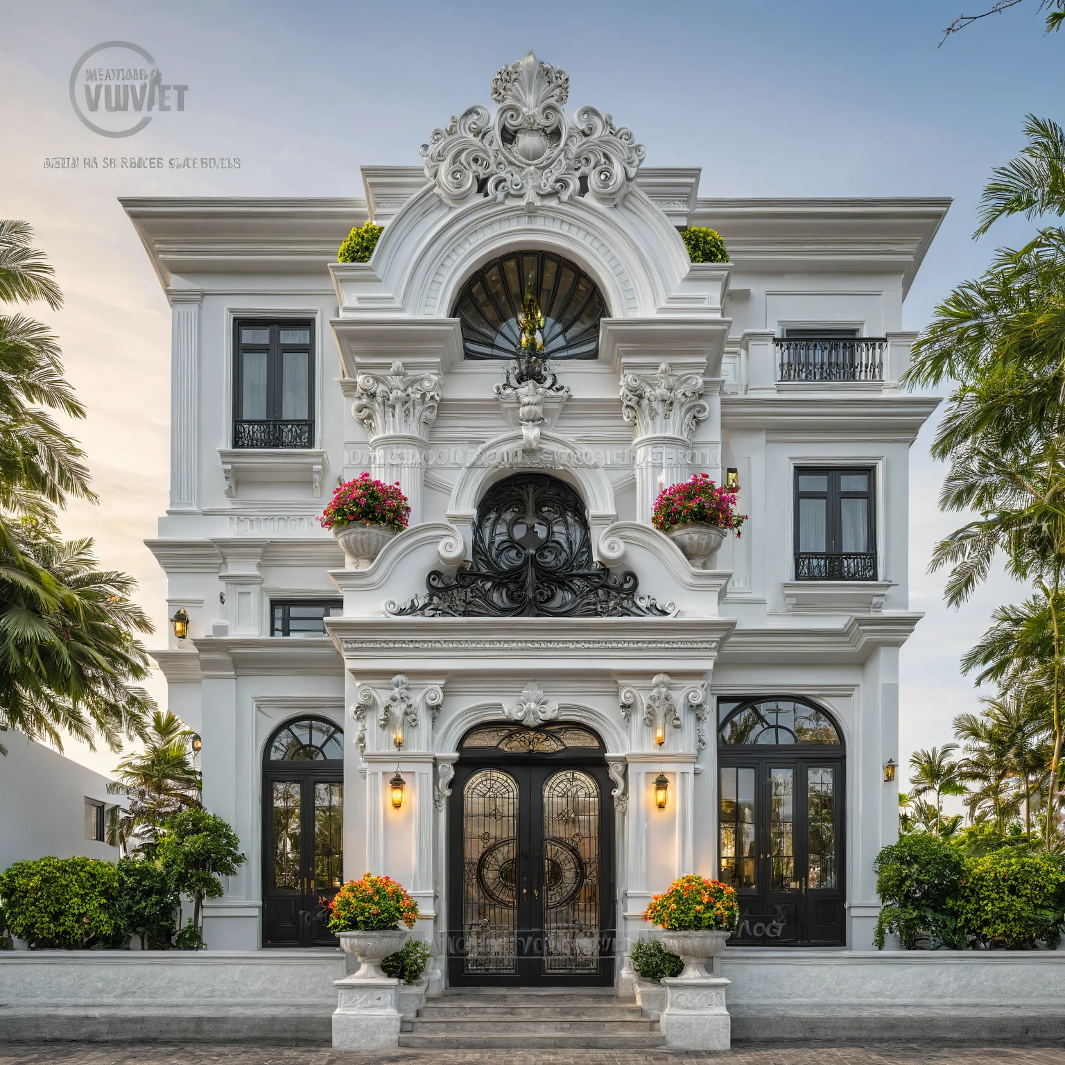 neo classical villa on street, ((sunset)), tropical tree, vivid colour, streetcapes, white tone, (black detail), white wall, large glass door, (((elegan design))), ((warm interior lighting)), best quality, masterpiece, ultra realistic, raw photo,