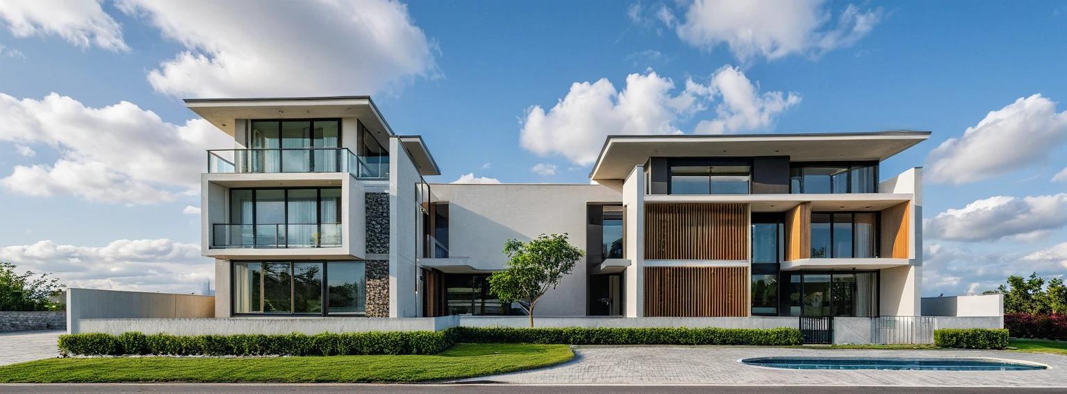 Masterpiece, high quality, best quality, authentic, super detail, outdoors, onestoreyvillaXL, aiaigroup, house style modern on the street ,stairs, white wall ,road,pavement, grass, trees, sky, cloud, (daylight:1.1)
