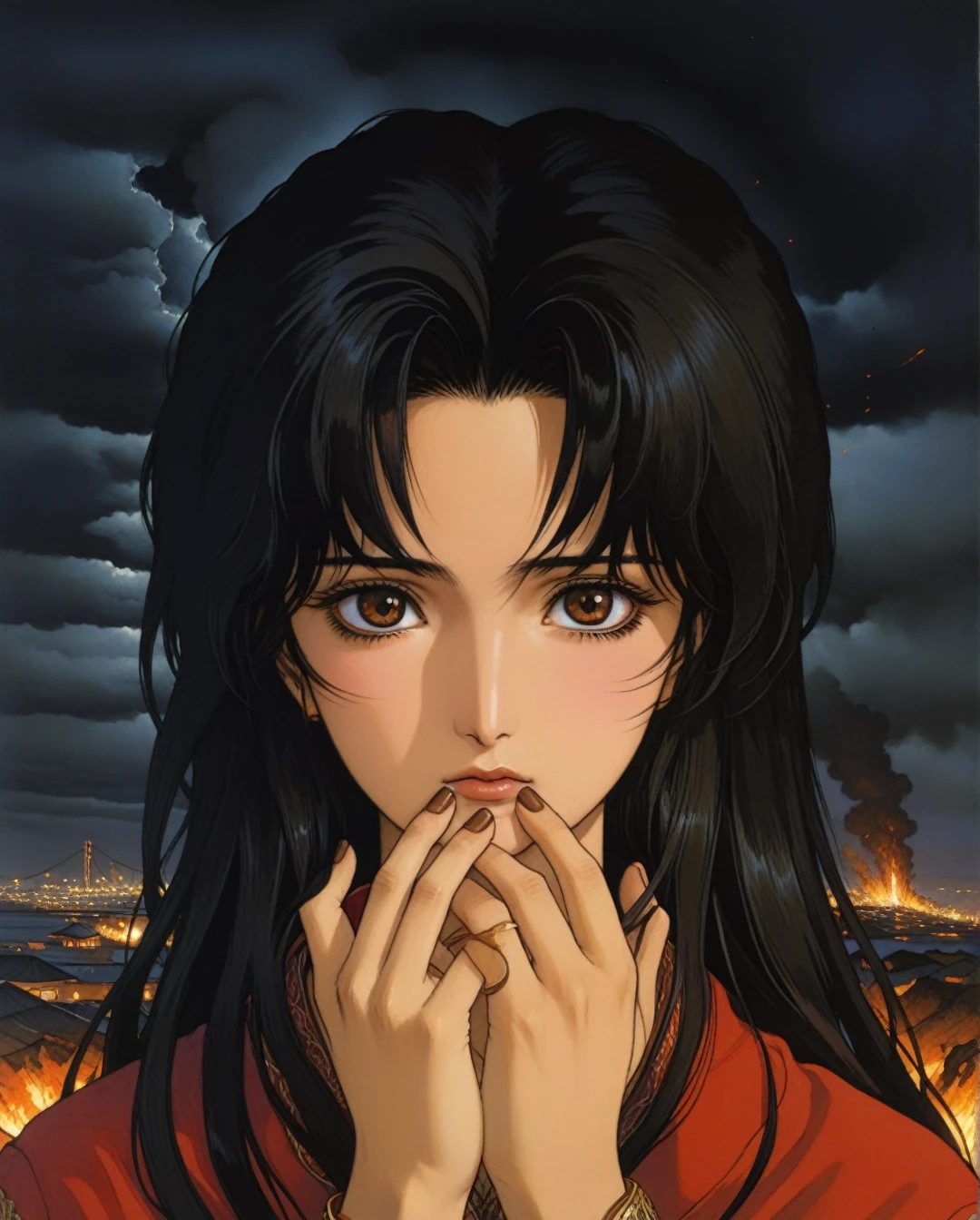 Art style by Yoshitaka Amano, Art style by Takato Yamamato, Art style by Ayami Kojima, (Masterpiece, Top Quality, Super Detail, High Resolution, Best Illustration), 1990s (style), 1980s (style), retro art style, Saudi Arabian woman, Chornobyl Exclusion Zone, Black hair, brown eyes, scar above the left eyebrow, weaponless, Five fingers on the left hand, five fingers on the right hand, Sad, gloomy and dark atmosphere, A bonfire is lit nearby, Sparks from the fire, Creatures hiding in the darkness, Discharge belts,High detailed, anomalies,