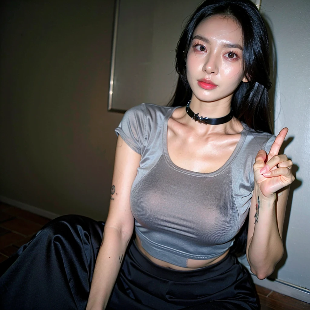best quality, ultra high res, (photorealistic:1.4), unique faces, pretty girl, bra shirt, black tight skirt, black choker, (faded ash gray hair:1), medium breasts, looking at viewer, closeup, (pretty face) , (pose girls) , (RAW photo, best quality,high quality,highres), (realistic, photo-realistic), ultra-detailed, (front lighting). 
