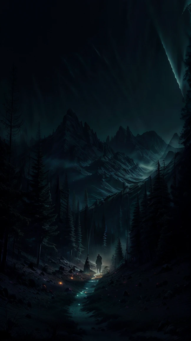 A spooky scene in the mountains at night with thick fog. The beam of a flashlight held by a hand is illuminating the ground, while the rest of the scene is lit by moonlight. The hand holding the flashlight is visible in the image, but the rest of the body is not shown. The atmosphere