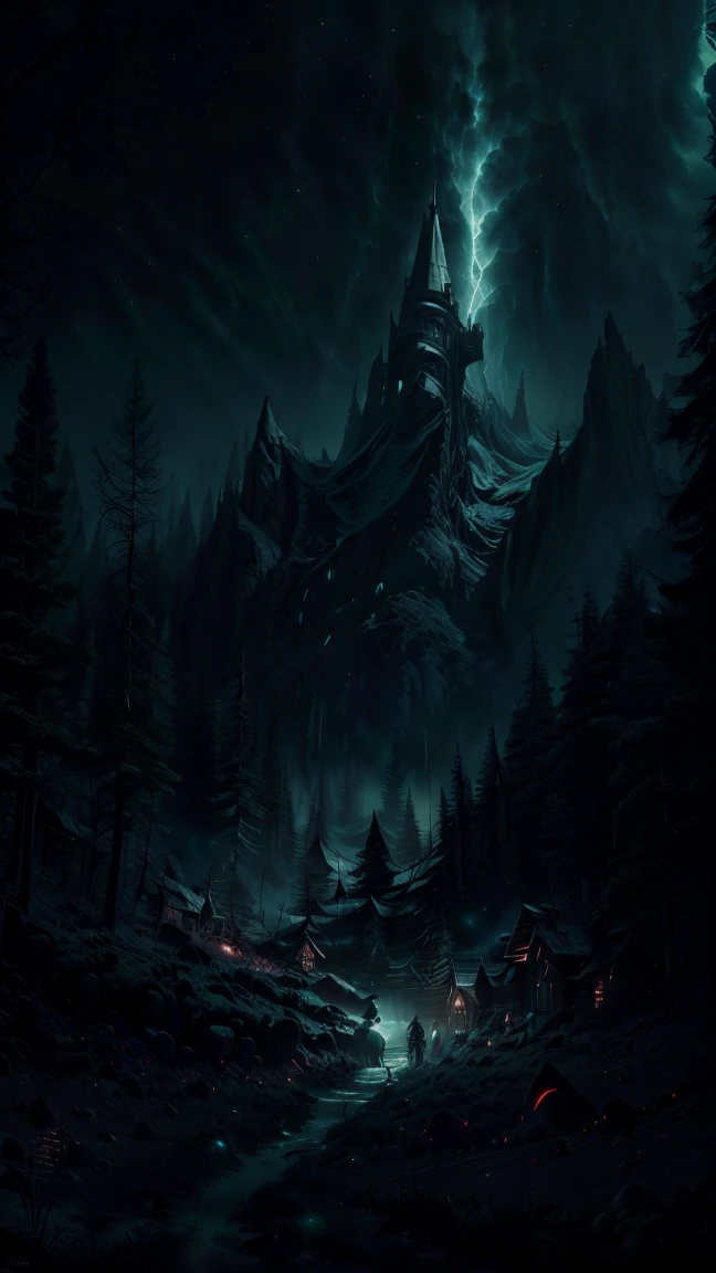 A spooky scene in the mountains at night with thick fog. The beam of a flashlight held by a hand is illuminating the ground, while the rest of the scene is lit by moonlight. The hand holding the flashlight is visible in the image, but the rest of the body is not shown. The atmosphere